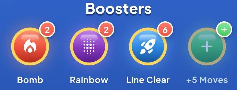 The four boosters on the Level Start card: Bomb, Rainbow, Line Clear and +5 Moves.