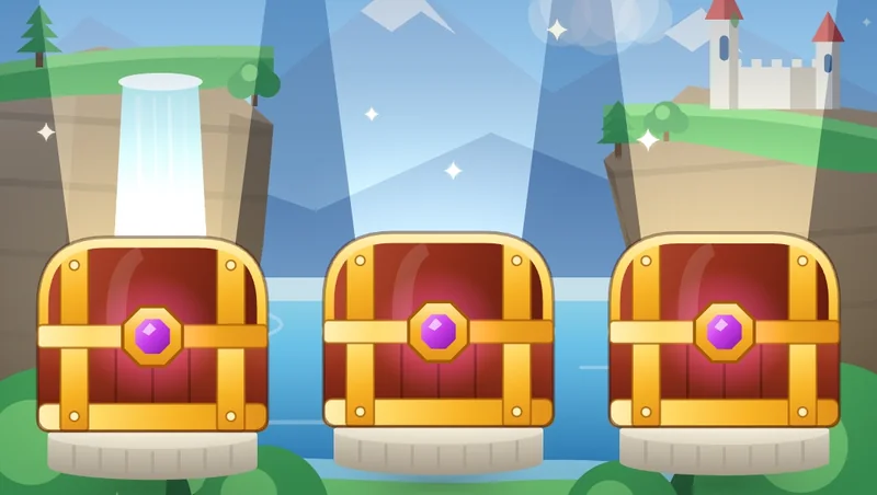Three golden treasure chests with purple gems, lit by spotlights, waiting to be picked.