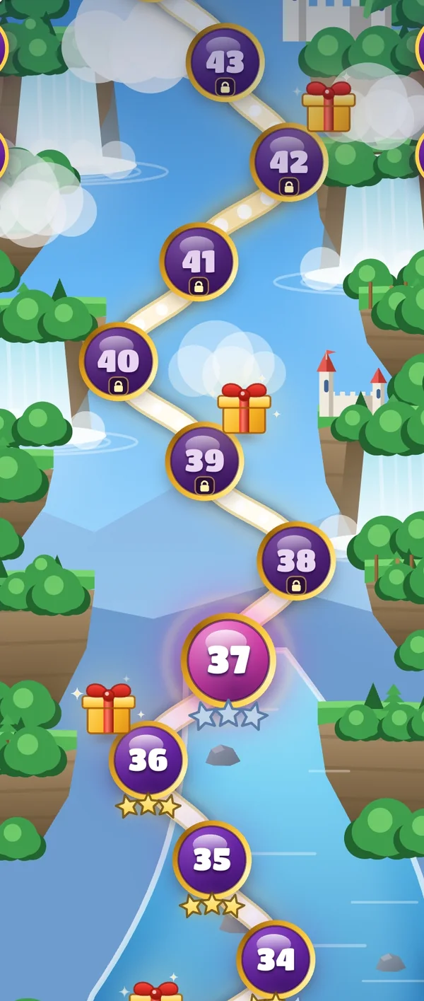 Part of the level map: the current level glowing pink, cleared levels with stars below it, and gift boxes beside the path.