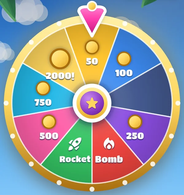 The Lucky Spin wheel with coin prizes from 50 to 2000 and Rocket and Bomb booster wedges.