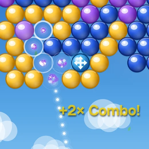 Close-up of matched purple bubbles popping on the board with “+2× Combo!” below them.