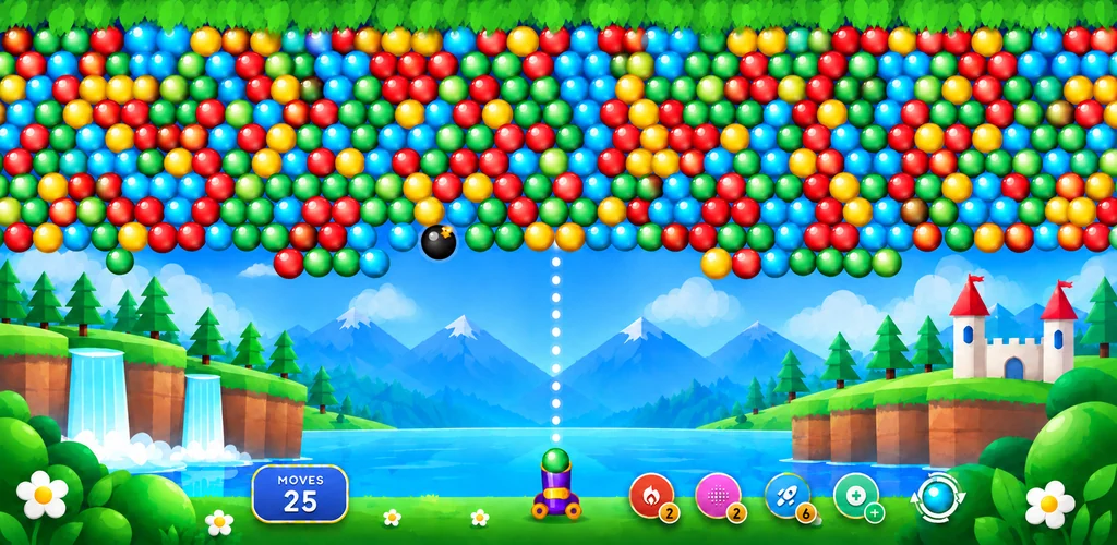 Bubble shooter gameplay in landscape: a full board of colorful bubbles and a bomb bubble over a valley with waterfalls, snowy mountains, a lake and a castle, with the cannon, 25 moves and the boosters along the bottom.
