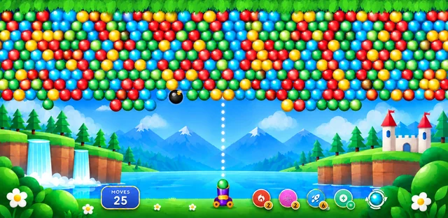 Bubble Shooter: Pop Magic gameplay: a colorful bubble board above a sunny valley, with the cannon, moves and boosters.