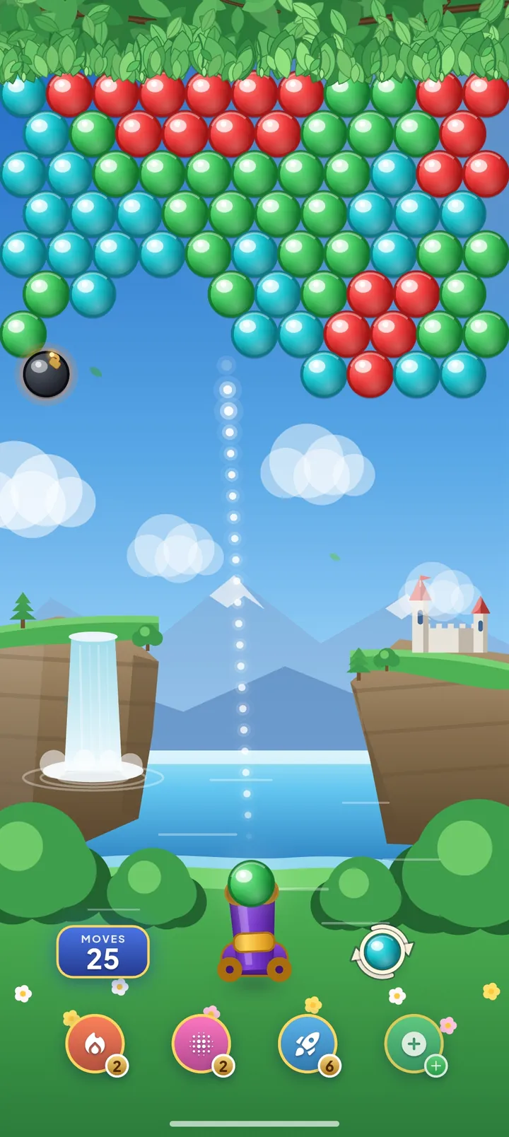 Bubble shooter gameplay: a board of red, green and cyan bubbles with a bomb bubble, the dotted aim guide rising from the cannon, 25 moves left and four boosters.