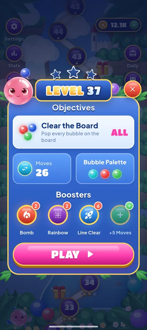 The Level 37 start card: the Clear the Board goal, 26 moves, the bubble colors and the four boosters above the Play button.