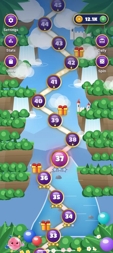 The level map: a winding valley trail of numbered levels, with stars under cleared levels and gift boxes along the way.