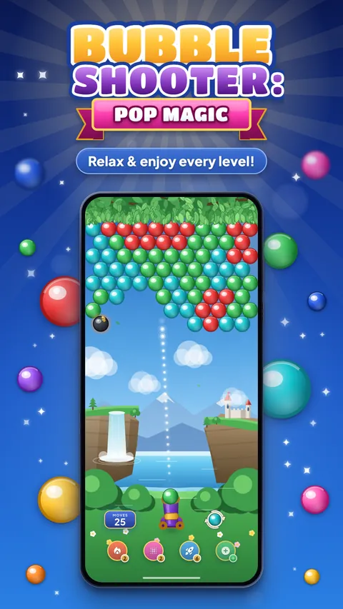 Bubble Shooter: Pop Magic Android game — “Relax & enjoy every level!” above a phone showing the bubble board, the valley and the cannon.