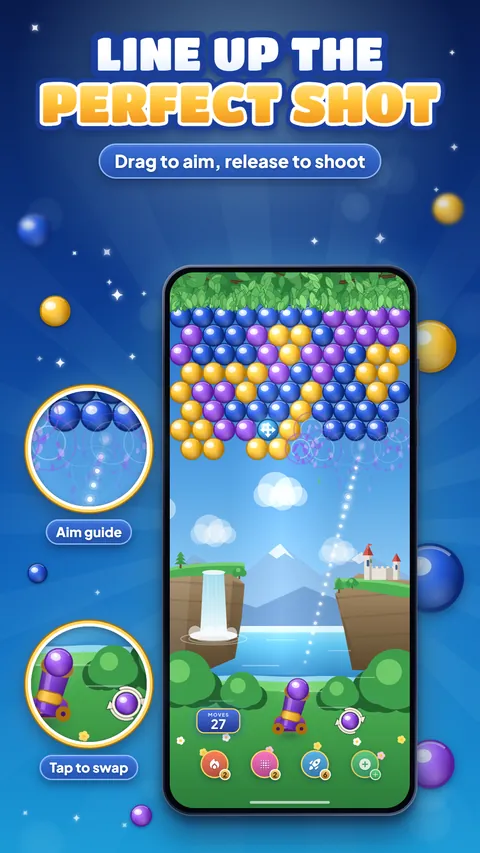 Line up the perfect shot — drag to aim, release to shoot, with close-ups of the aim guide and the tap-to-swap bubble.