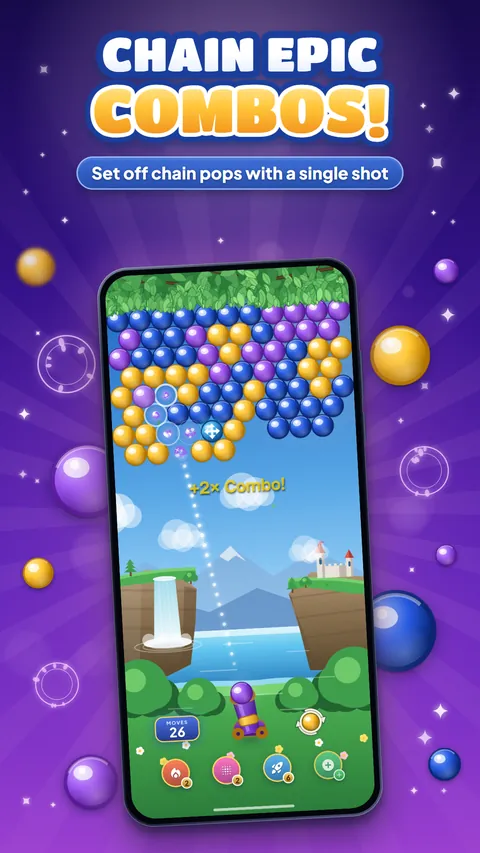 Chain epic combos — matched bubbles popping with a +2× combo on the board.