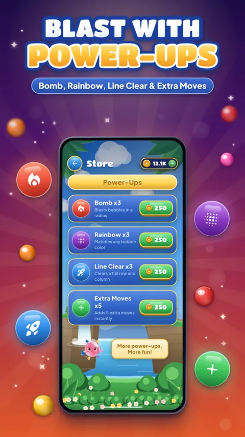 Blast with power-ups — the Bomb, Rainbow, Line Clear and Extra Moves boosters in the in-game store.