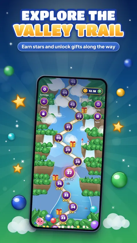 Explore the valley trail — the level map with stars and gifts to unlock along the way.