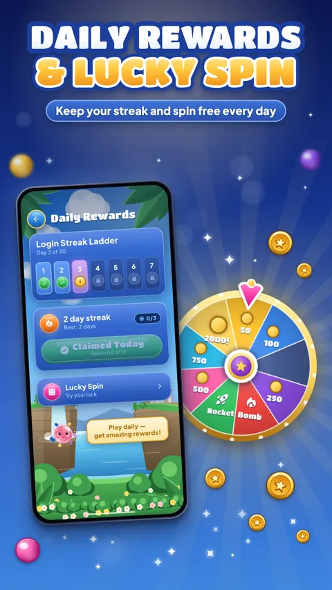 Daily rewards and Lucky Spin — the login streak ladder next to the prize wheel.