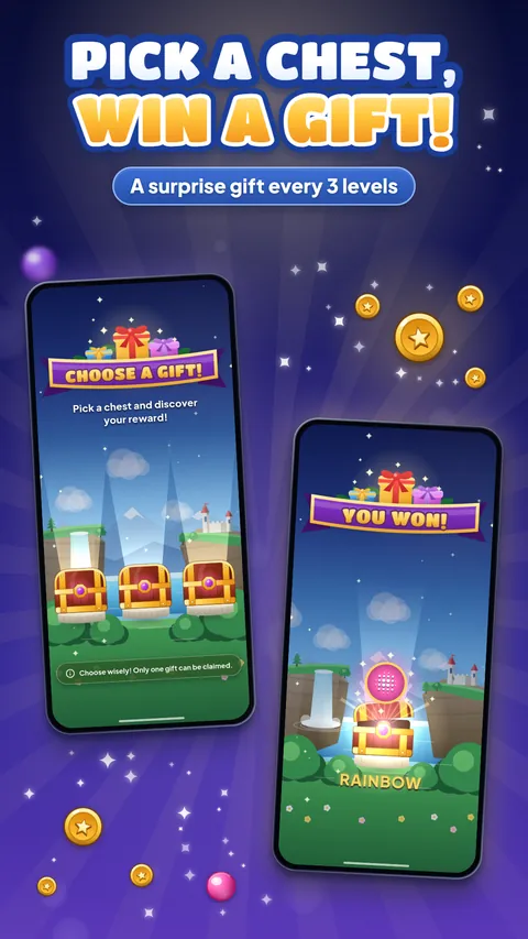 Pick a chest, win a gift — a surprise gift every 3 levels, with a Rainbow booster won from a chest.
