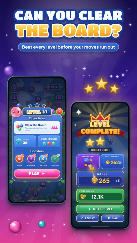 Can you clear the board? — the Level 37 goal card and the Level Complete screen with stars and rewards.