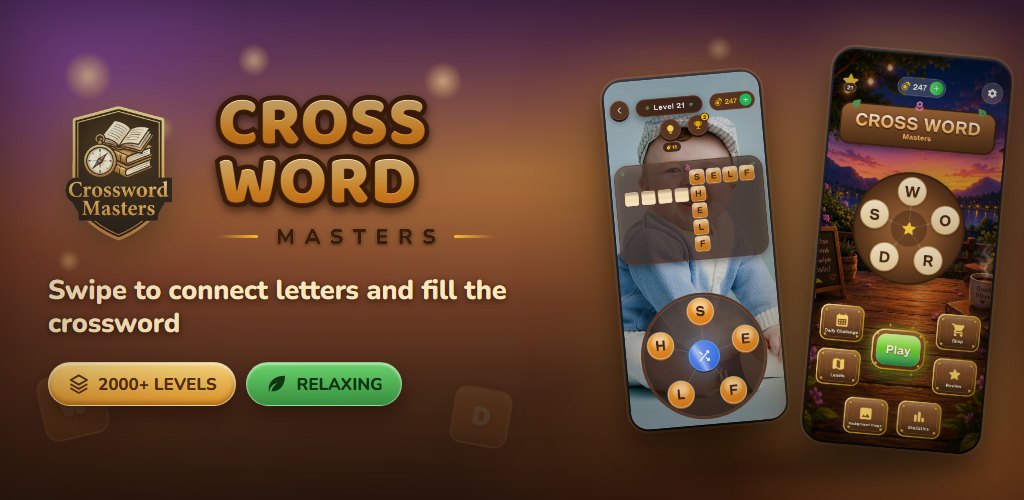 Cross Word Masters: the brand shield and logo beside two phones showing the letter wheel and a crossword.