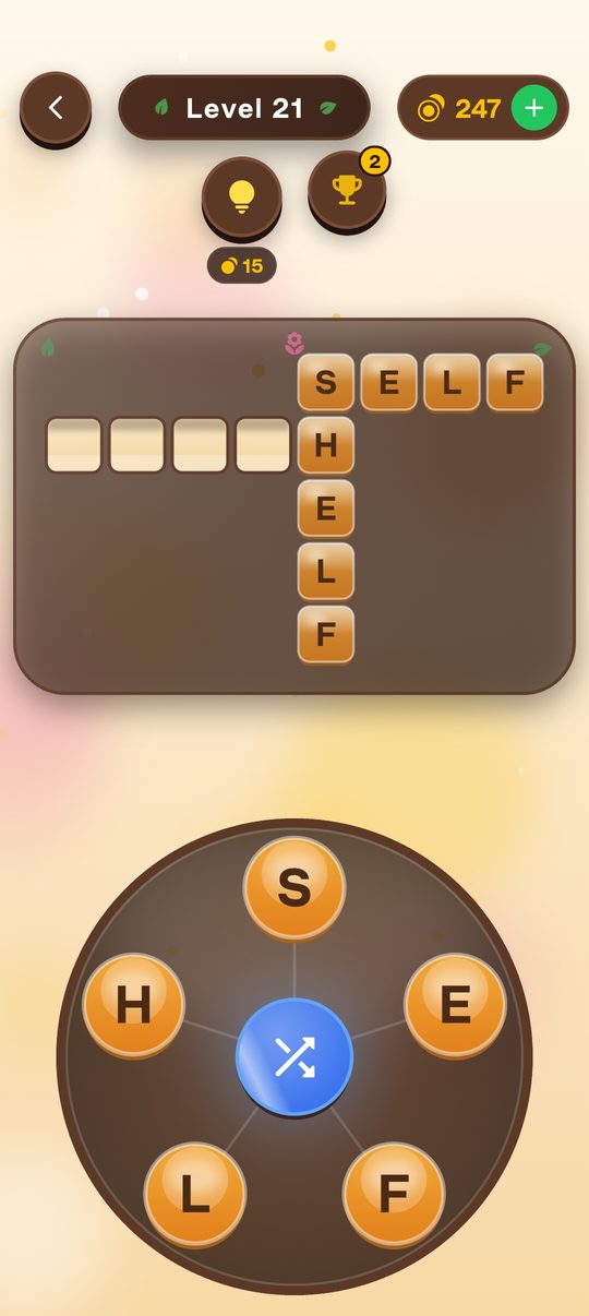Level 21 of the Cross Word Masters crossword puzzle game: the level badge and a 247-coin balance at the top, hint and trophy buttons, a crossword with SELF across and SHELF down beside four empty squares, and a wheel of the letters S, E, F, L and H around a blue shuffle button.