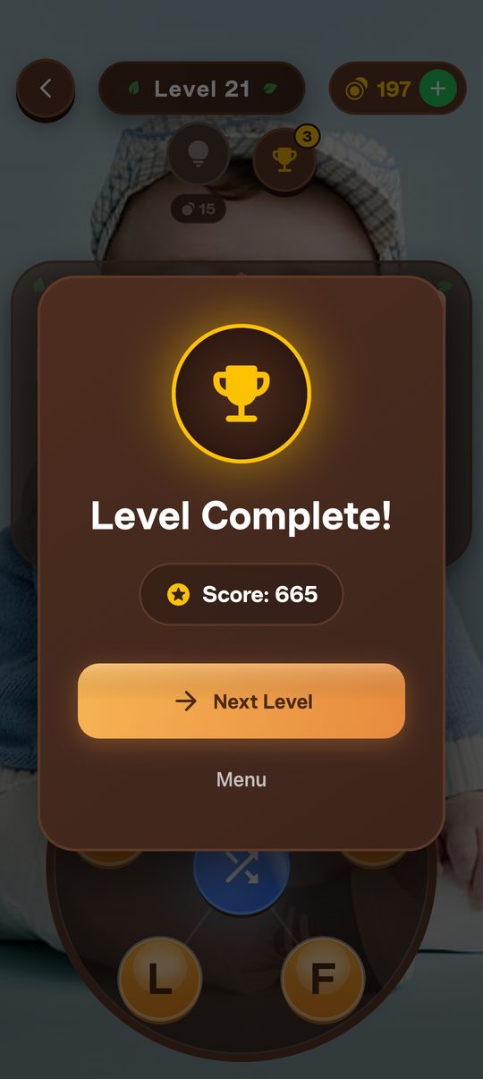 The Level Complete card for Level 21, with a gold trophy, a score of 665 and a Next Level button.