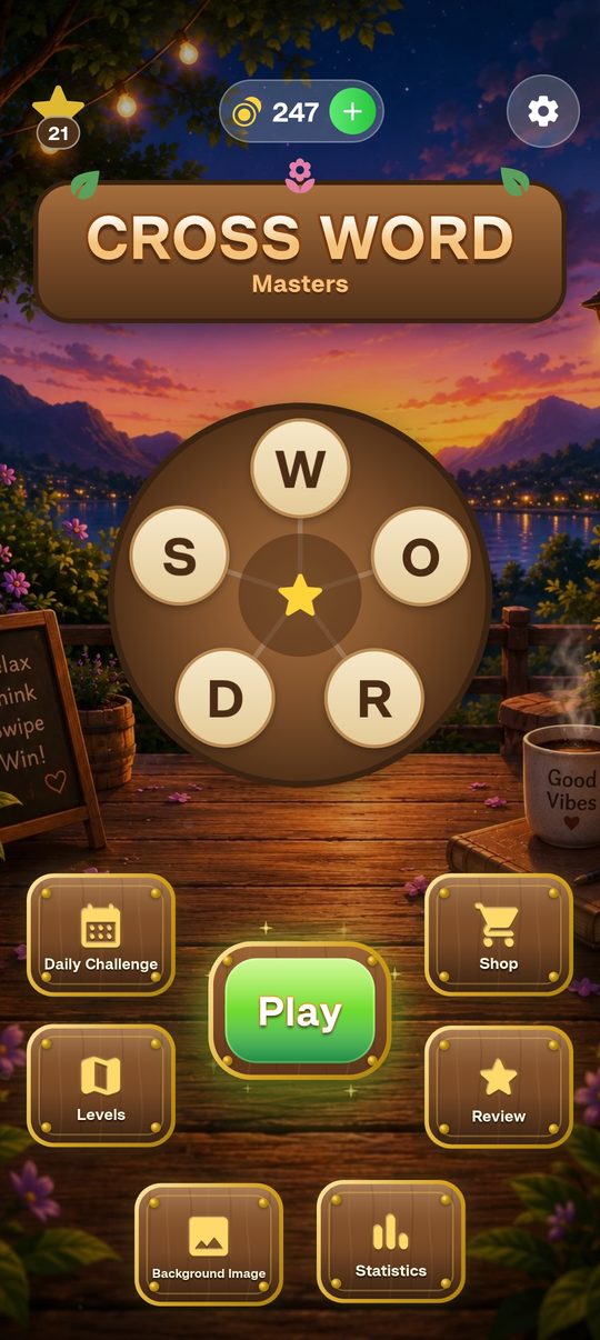 Main menu of the Cross Word Masters word puzzle game: the wooden title sign, a letter wheel with W, O, R, D and S, the green Play button and tiles for Daily Challenge, Levels, Shop, Review, Background Image and Statistics.