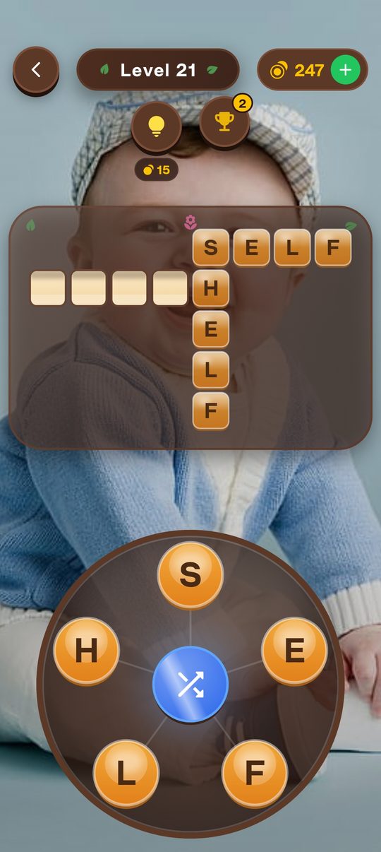 A crossword level played over a photo from the player's gallery: SELF and SHELF are filled in on the grid above the letter wheel.