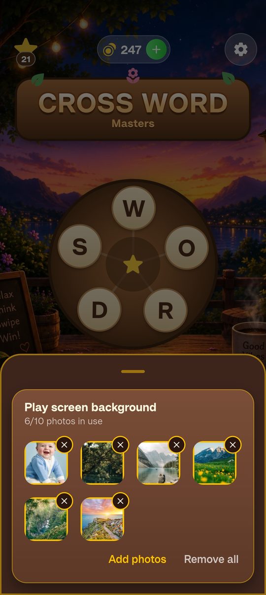 The background picker with six gallery photos set behind the word puzzle, 6 of 10 in use, and buttons to add photos or remove them all.