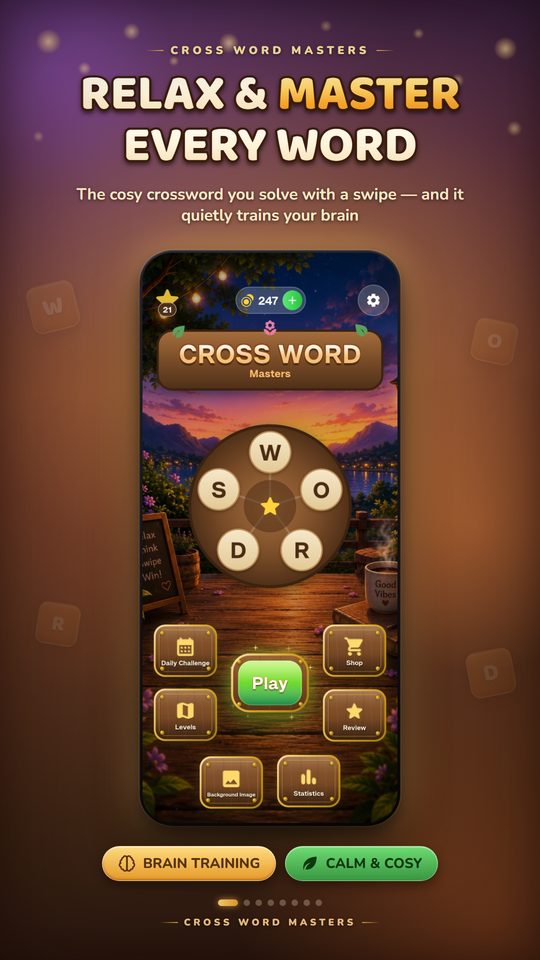 Relax and master every word: the Cross Word Masters main menu with its letter wheel, Play button and menu tiles, above Brain Training and Calm and Cosy badges.