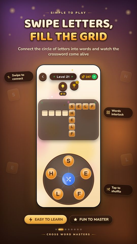 Swipe letters, fill the grid: a word connect crossword level with SELF and SHELF placed, labelled swipe to connect, words interlock and tap to shuffle.