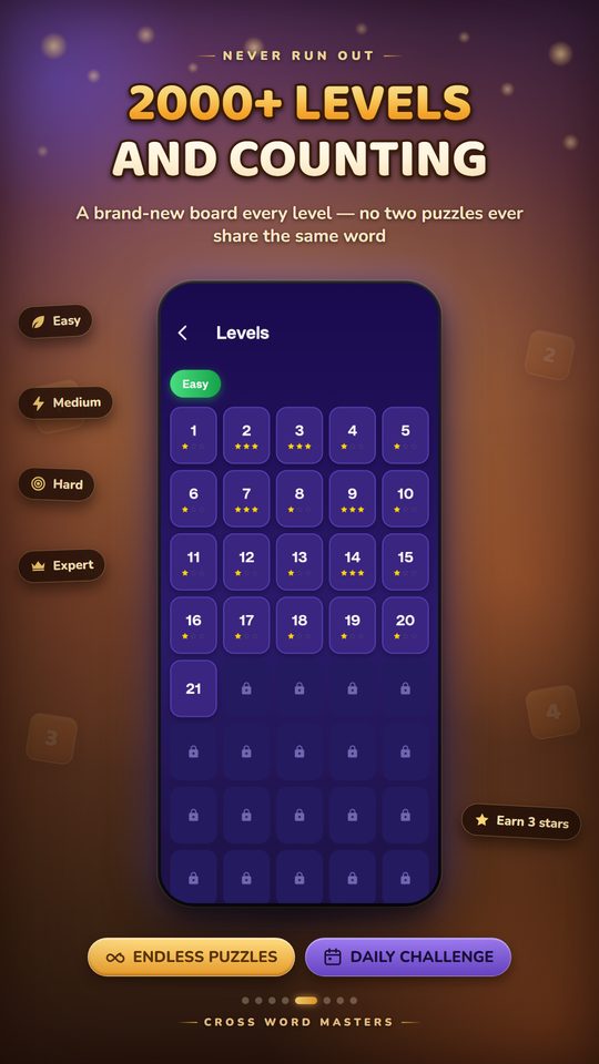 2000 plus word puzzle levels and counting: the level map with starred levels and Easy, Medium, Hard and Expert labels.