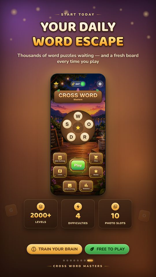 Your daily word escape: the main menu above cards for 2000 plus levels, 4 difficulties and 10 photo slots.