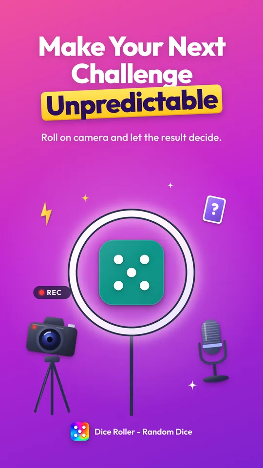 Creator challenge screenshot: a teal dice showing five inside a ring light, with a camera and a microphone. Roll on camera and let the result decide.