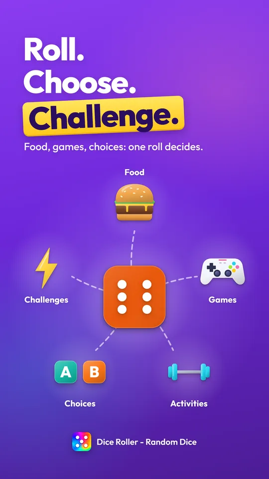 Screenshot: Roll. Choose. Challenge. An orange dice showing six linked to food, games, choices, activities and challenges.