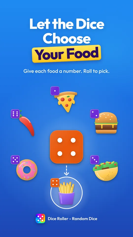 Dice food challenge screenshot: six foods numbered 1 to 6 around an orange dice showing four, which picks the fries.