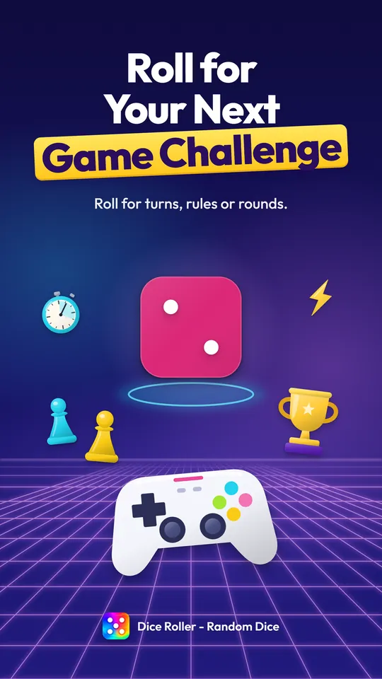 Game challenge screenshot: a pink dice showing two above a game controller, with pawns and a trophy. Roll for turns, rules or rounds.