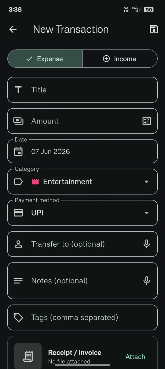 New Transaction screen of the expense tracker app for adding an expense or income, with fields for title, amount, date, category, payment method, notes, tags and a receipt