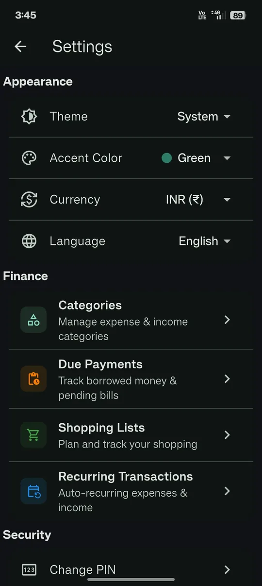 Expense tracker settings with theme, accent color, currency and language options, and links to categories, due payments, shopping lists and recurring transactions