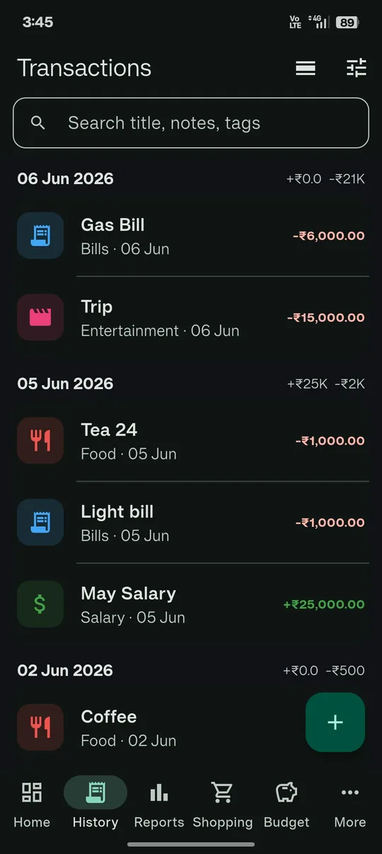 Transaction history screen with search and expense entries grouped by date, each showing its category and amount