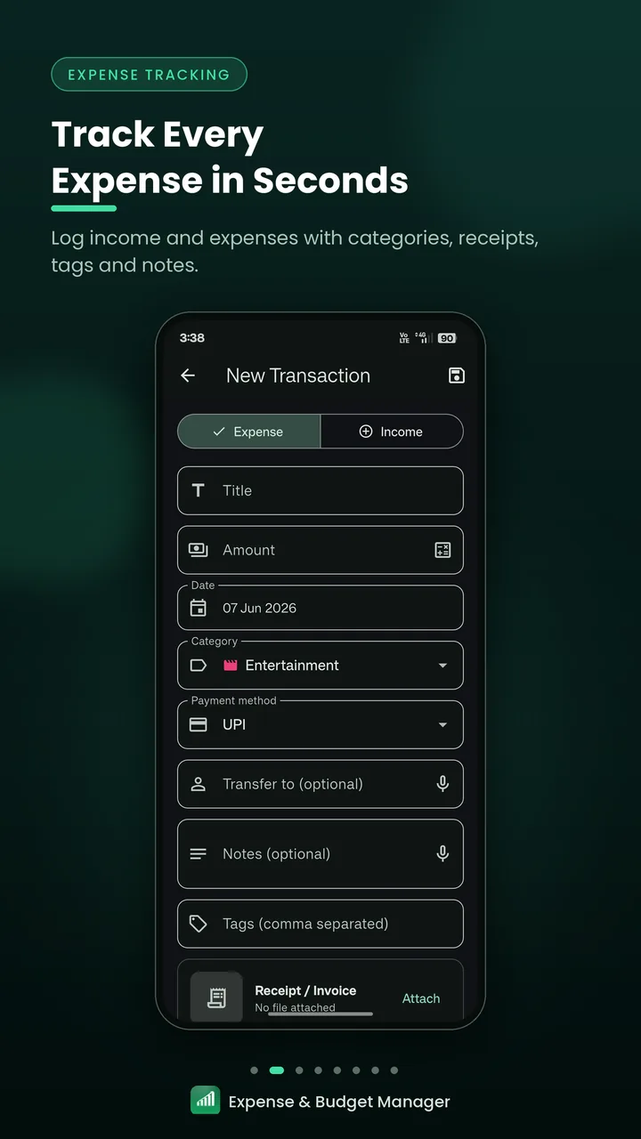 Track Every Expense in Seconds – expense tracker screenshot of the New Transaction screen