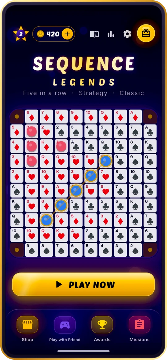 Sequence Legends home screen with the animated board and the Play Now button