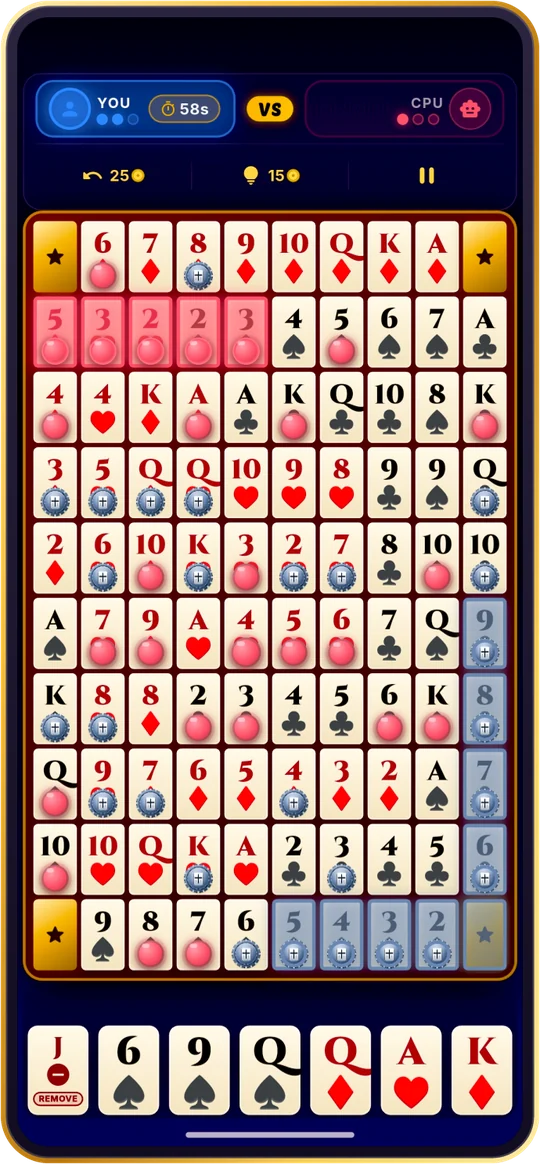 Sequence board game app for Android: a live match on the 10×10 card board with red and blue chips, a 60-second turn timer and a hand of seven cards