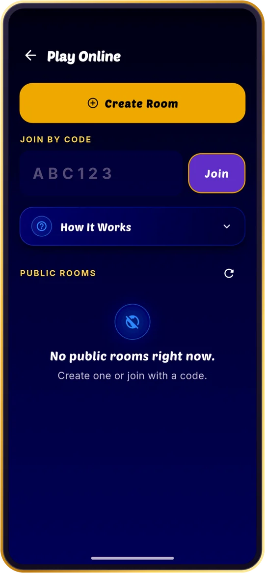 Play Sequence online: the Play Online screen with a Create Room button, a join-by-code field and the public rooms list