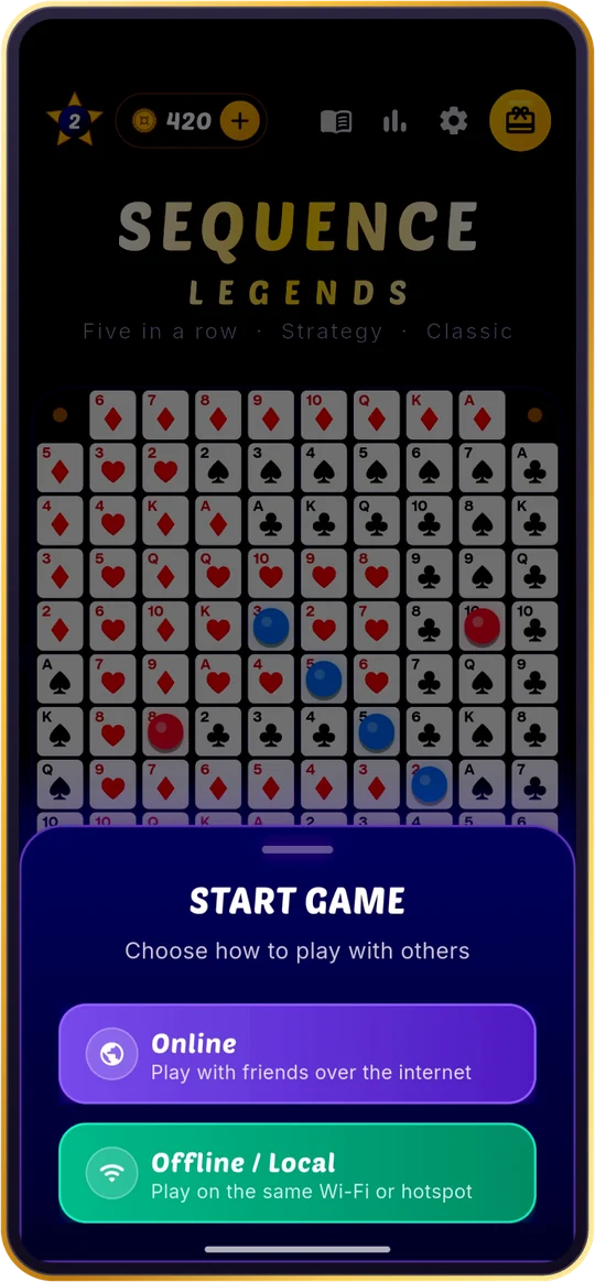 Play Sequence with friends: the Start Game sheet with Online, to play over the internet, and Offline / Local, to play on the same Wi-Fi or hotspot
