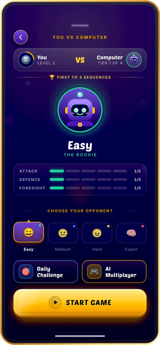 Play Sequence against the computer: choose an Easy, Medium, Hard or Expert opponent, rated on attack, defence and foresight