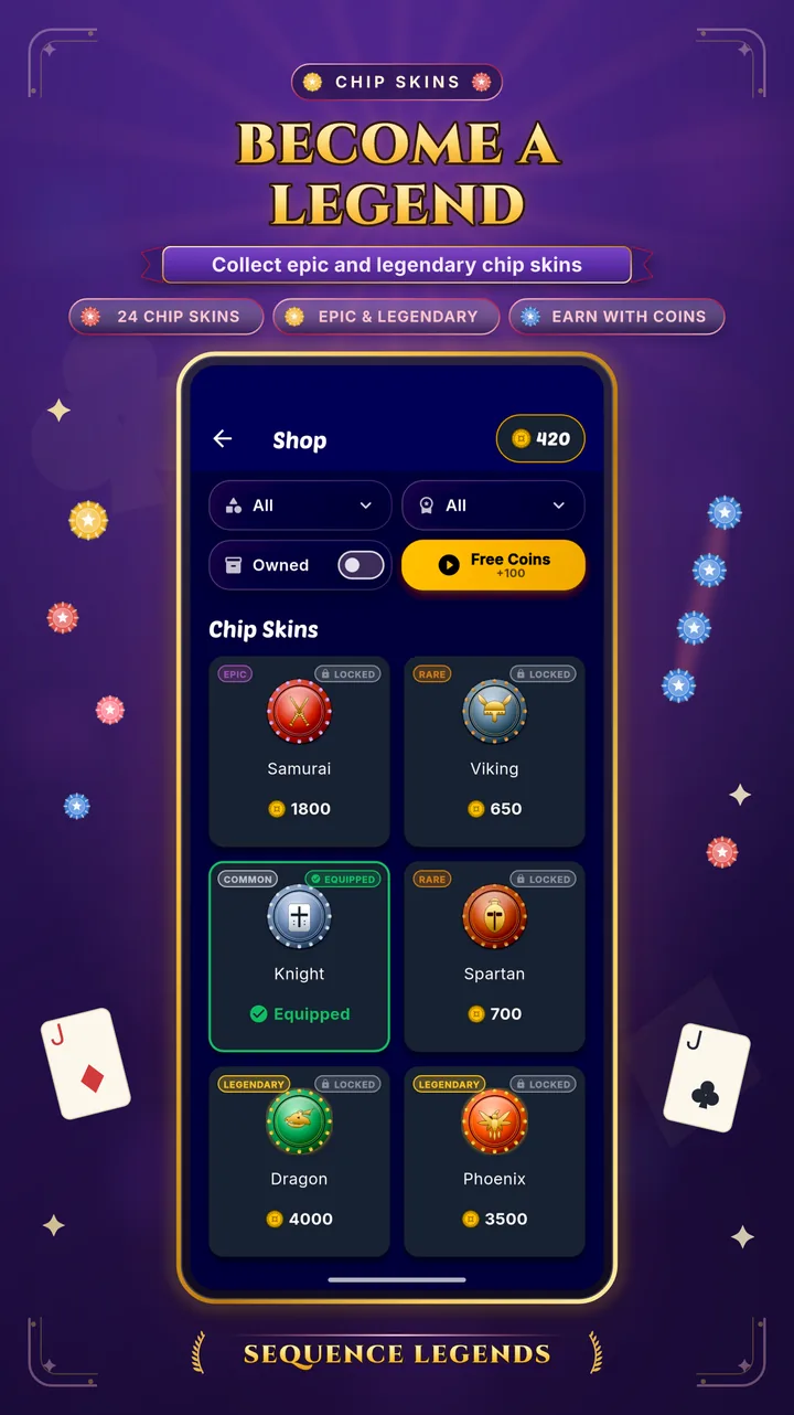 Become a Sequence legend: collect 24 chip skins, including epic and legendary ones, with coins.