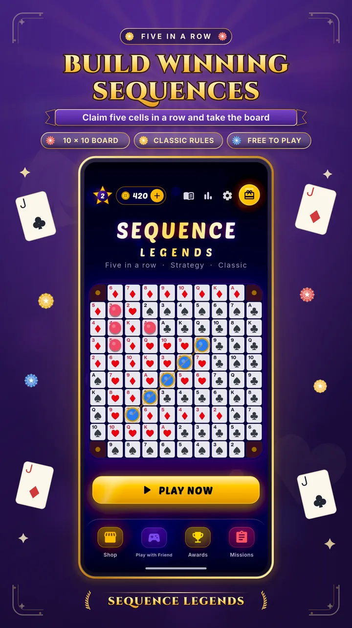 Build winning sequences on the classic 10×10 Sequence board: five in a row, classic rules, free to play.