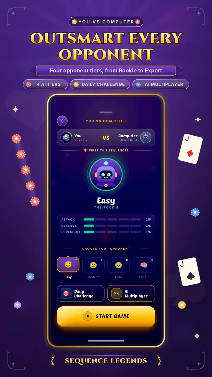 Outsmart every opponent: play Sequence against the computer at four levels from Rookie to Expert, plus a daily challenge and AI multiplayer.