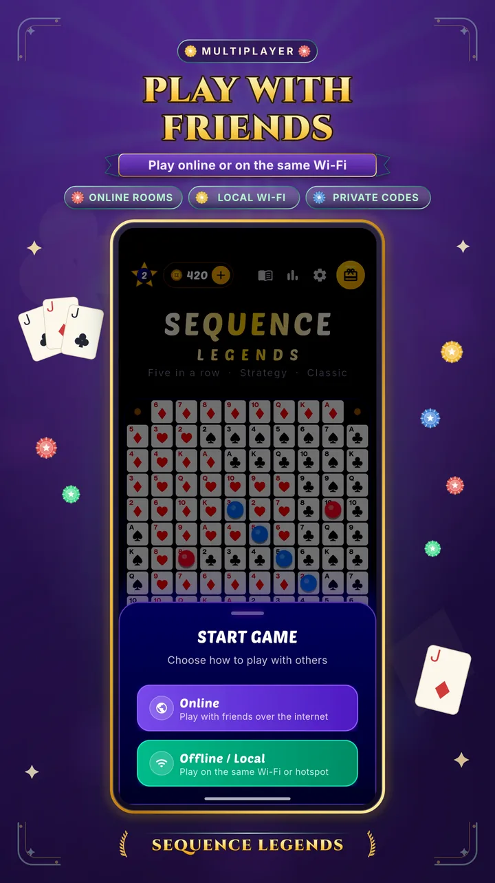 Play Sequence with friends: online multiplayer rooms, local Wi-Fi games and private room codes.