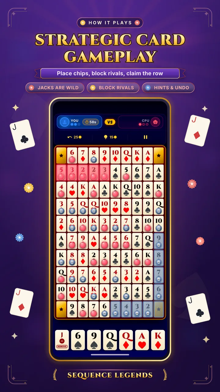 Strategic card gameplay in the Sequence Legends app: place chips, block rivals and claim five in a row. Jacks are wild, with hints and undo.