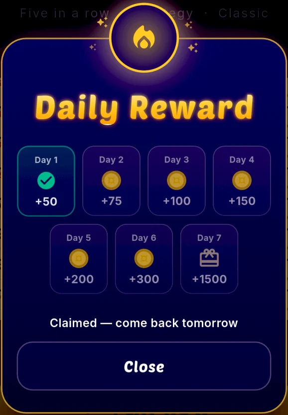 Daily rewards in the Sequence Legends app: +50 coins on day one rising to +1500 on day seven