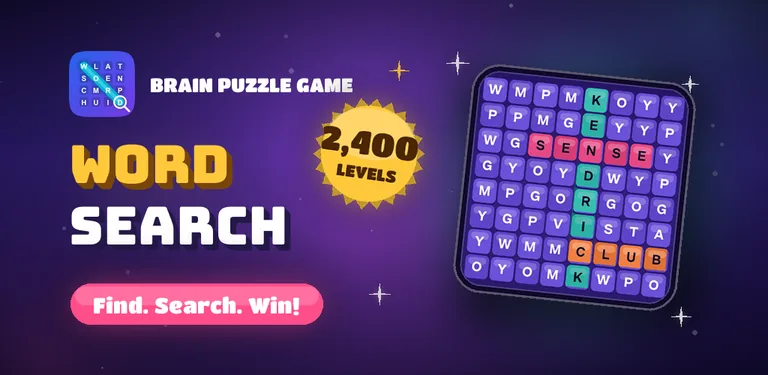 Word Search game feature graphic: 2,400 levels, the tagline Find. Search. Win! and a colorful letter grid