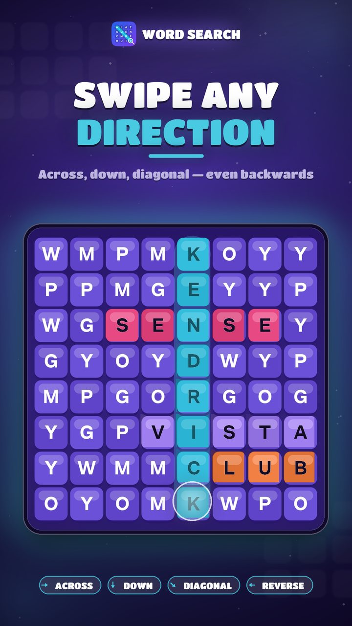 Screenshot: swipe in any direction, shown on a word search board with three words found and a fourth being traced