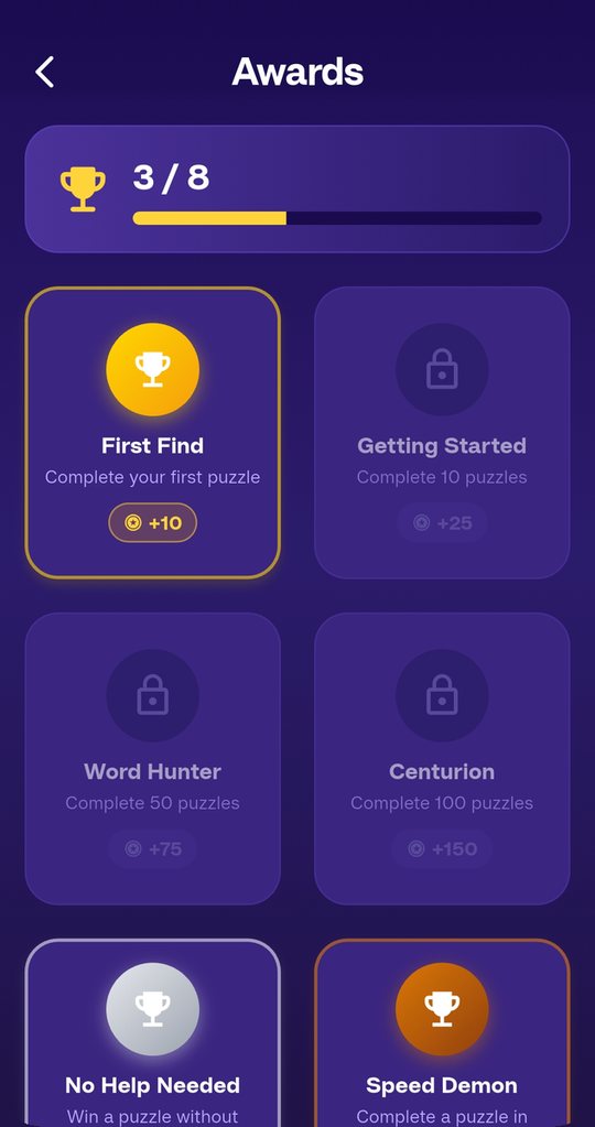 Awards screen in the word search app, with 3 of 8 awards unlocked, including First Find